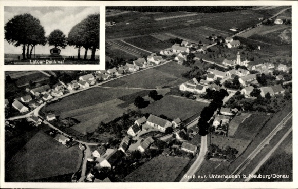 Postcard Unterhausen Oberhausen (near Neuburg/Donau) Upper Bavaria, aerial photograph, monument