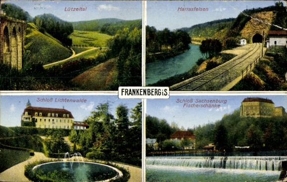 Ak Frankenberg an der Zschopau, Lützeltal, Harrasfelsen, Schloss Lichtenwalde, Fischerschänke, Wehr