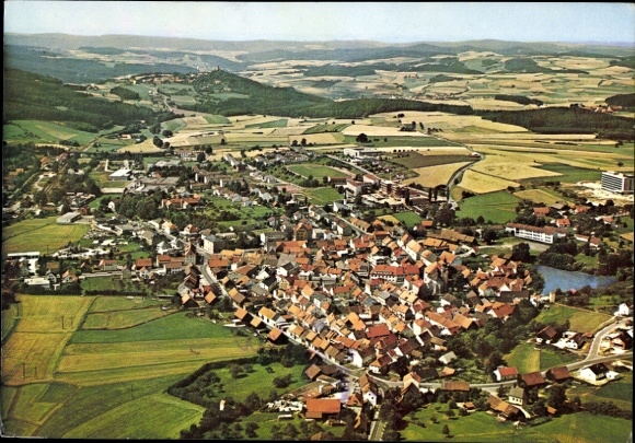 Postcard Oberviechtach in the Upper Palatinate, aerial view of a village, green fields, houses, landscape