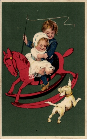 Embossed Postcard Two children on a rocking horse, dog