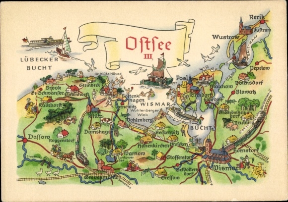 Maps Postcard Hanseatic City of Wismar, Bay of Lübeck, Wustrow, Rerik