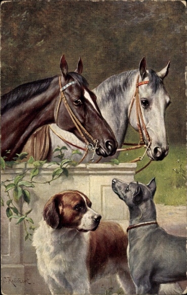 Artist Postcard Reichert, Two horses and dogs, St. Bernard