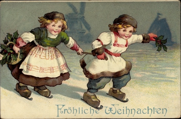 Embossed PC Happy Christmas, children in costumes skating, sprigs of holly