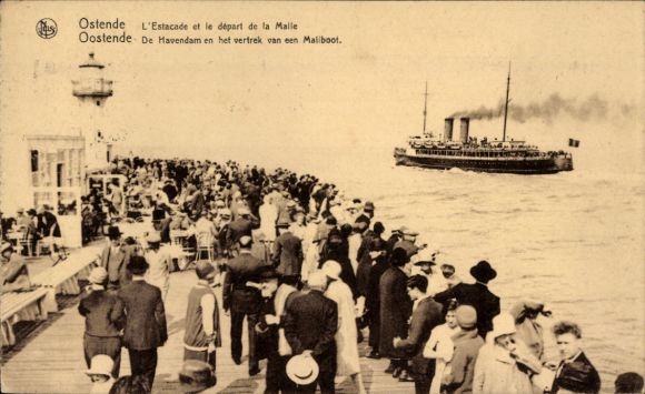 Postcard Oostende Ostend West Flanders, L'Estacade and the departure from la Malle, steamship