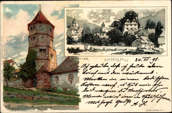Artist Chromo-Litho Mutter, K., Hirsau Calw in Baden Württemberg, view of a tower, houses