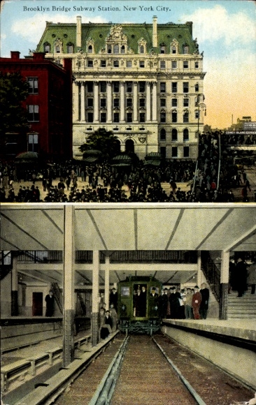 Postcard New York City USA, Brooklyn Bridge Subway Station, view of building and view into station