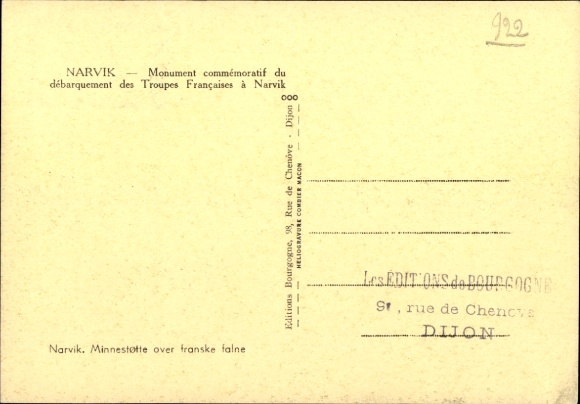 Maximum Postcard Narvik Norway, Memorial commemorating the disembarkation of the French troops