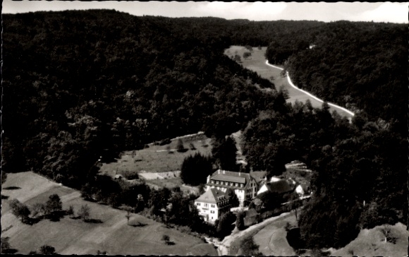 Ak Grenzach Wyhlen am Rhein, Pension zur Himmelspforte, Wald, Fliegeraufnahme