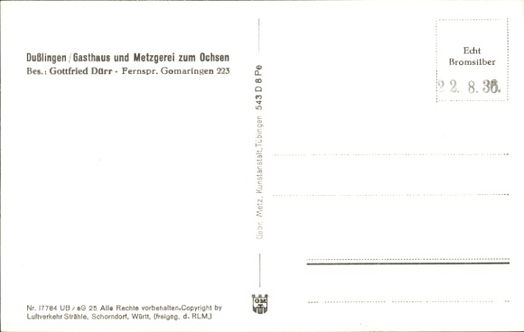 Postcard Dußlingen Dusslingen in Württemberg, aerial photograph, Hohenzollern, Gasthaus zum Ochsen