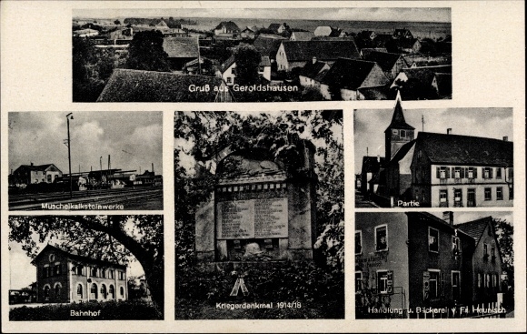 Postcard Geroldshausen Lower Franconia, shell limestone works, train station, action Heunisch, war memorial