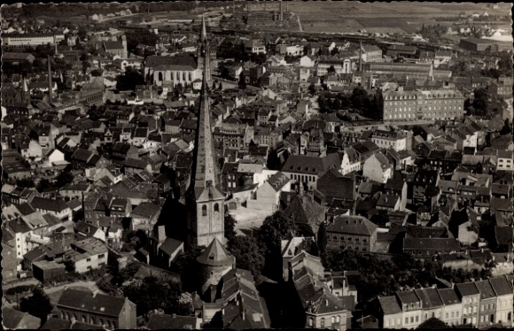 Postcard Euskirchen North Rhine Westphalia, aerial view of a town, church tower, residential buildings, rural surroundings