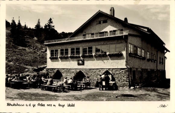 Postcard Lindberg Bavarian Forest Lower Bavaria, refuge on the Arber, 1457 m, timber construction, outdoor seating...
