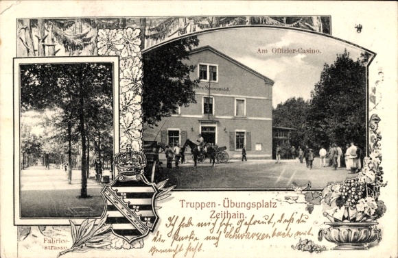 Coat of arms Passepartout Postcard Zeithain in Saxony, military training area, officer casino, Fabricestrasse