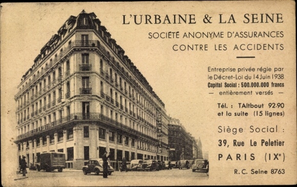Ak Paris IX., L'Urbaine et la Seine, Societe Anonyme d'Assurances contre les Accidents, Le Peletier