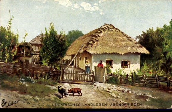 Künstler Ak Ungarisches Landleben, Abendfrieden, Bauernhaus, Schweine