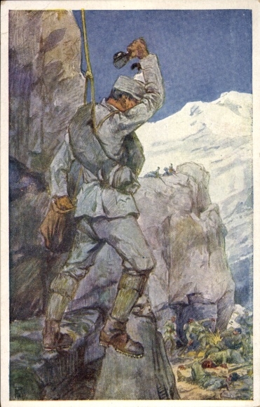 Artist Postcard Kuk Army in the Alpine War, Corporal Rudolf Fellner, Hand Grenade Throwing, WWI