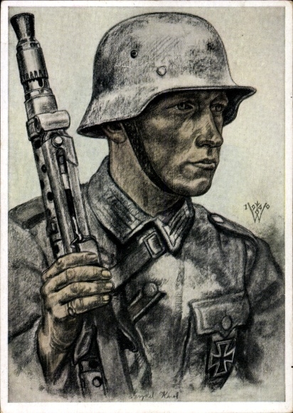 Künstler Ak Willrich, Wolfgang, Ein Kradschütze, Maschinengewehr, Stahlhelm, VDA P 1 R 9 Nr 3