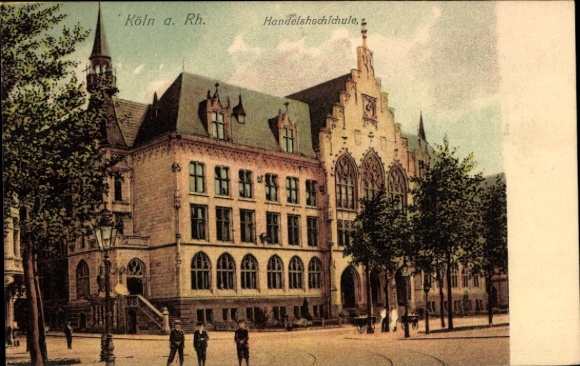 Postcard Cologne on the Rhine, Business School, building with towers, trees, street view