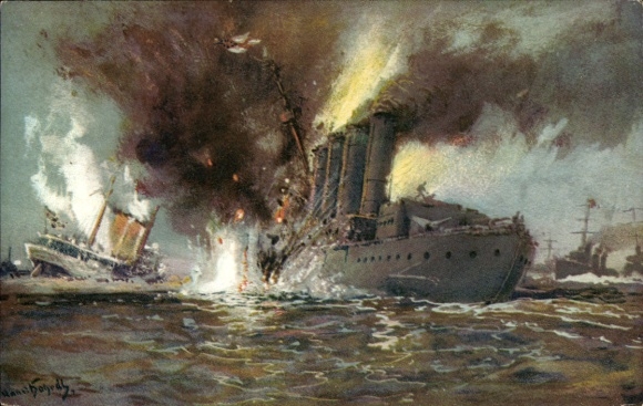 Künstler Ak Bohrdt, Hans, Untergang des Dampfers Königin Louise und Englischen Kreuzers Amphione