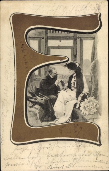 Letters Postcard E, pair in a railway compartment