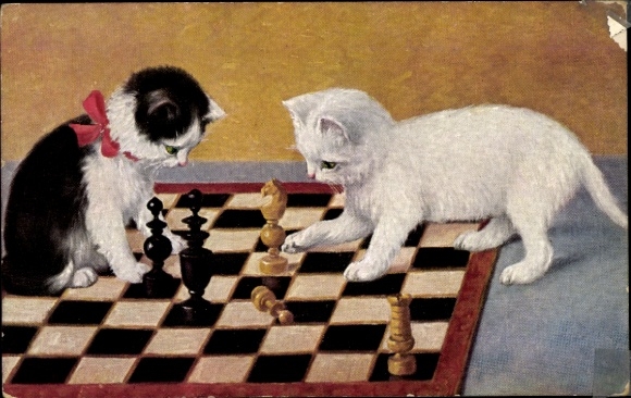 Artist Postcard Two little cats play chess, chess board