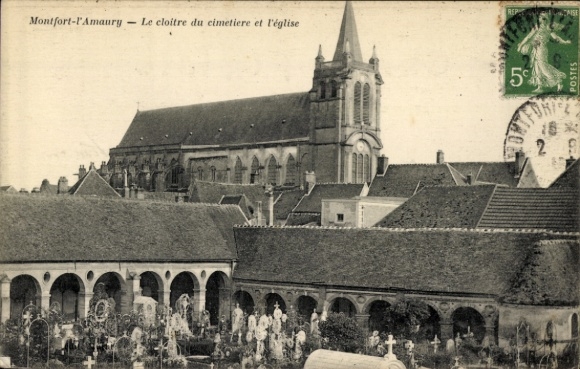 Postcard Montfort l'Amaury Yvelines, Le cloitre du cimetiere et l'église