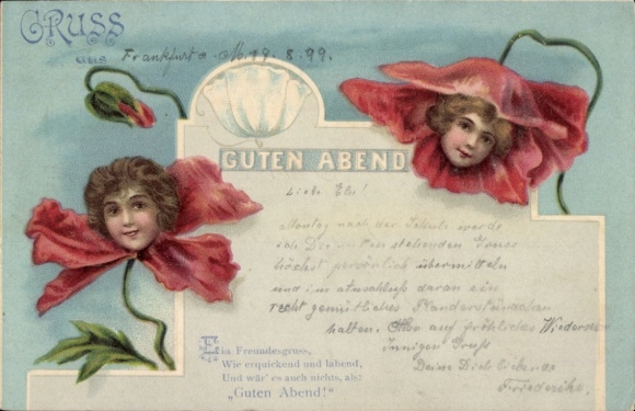 Chromo-Litho Good evening, allegory, humanized poppy flowers, Frankfurter Privatpost