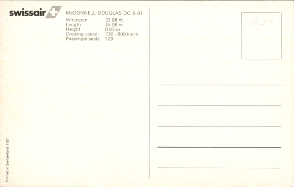 Postcard passenger aircraft McDonnel Douglas DC-9-81, Swissair