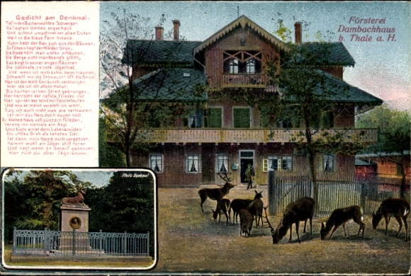 Ak Thale im Harz, Försterel Dambachhaus, Gedicht am Denkmal, Tiere, Wald, Natur