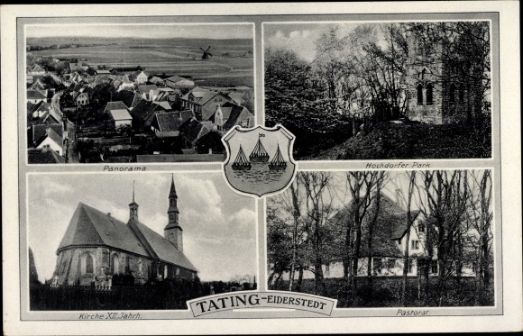 Ak Tating in Noord-Friesland, wapenschild, panorama, Hochdorfer Park, pastoraat, kerk