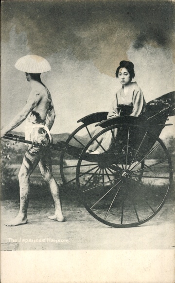 Postcard Japanese woman in a rickshaw, tattooed driver