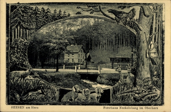 Passepartout Ak Seesen am Harz, Forsthaus Neckelnberg, Hunde, Hirsche, Auerhuhn