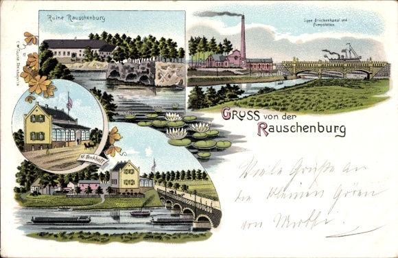 Chromo-Litho Olfen in Westphalia, Rauschenburg ruins, Lippe bridge canal, pumping station, Tenkhoff guest house