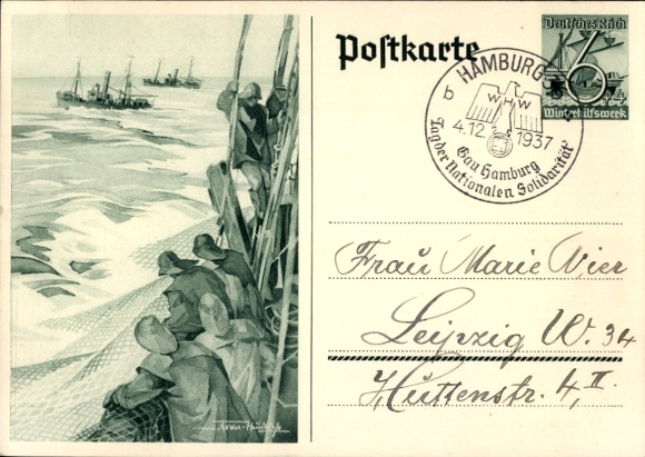 Postwaardekaart ansichtkaart Axster Heudtlaß, vissers op volle zee, vissersboten