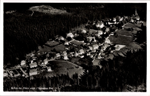 Postcard Schierke Wernigerode in the Harz Mountains, aerial view of Harz Mountains, buildings, forests, village view