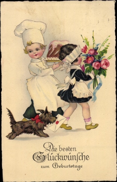 Postcard Happy Birthday, baker with cake, maid with bouquet of flowers, terrier