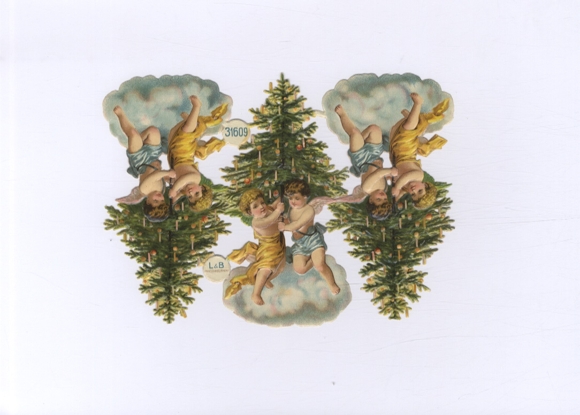 Oblate block of 3 L&B 31609, angel on clouds with decorated Christmas trees, approx. 12 x 17.5 cm