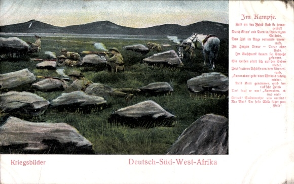 Postcard German Southwest Africa, Namibia, War Pictures Colonial Protection Force, Poem In Battle
