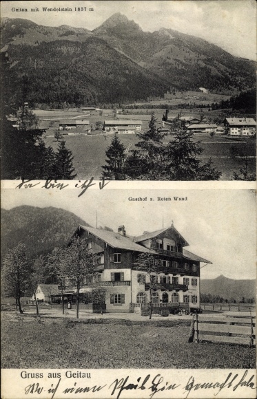 Postcard Geitau Bayrischzell in the Mangfall mountains of Upper Bavaria, Wendelstein, inn z. red wall