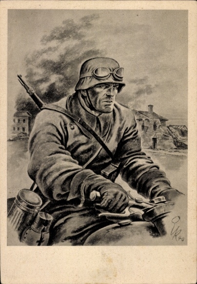 Artist Postcard Kretschmann, motorcycle messenger, uniform, rifle, Wehrmacht