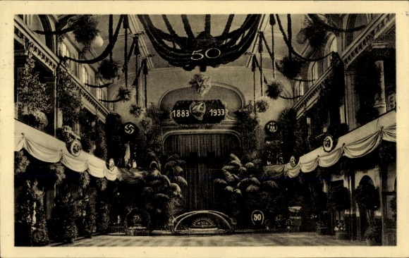 Postcard Augsburg, Saalbau, Rose Gardeners' Association, 50th anniversary 1933, ballroom