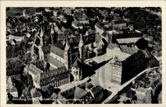 Postcard Bamberg in Upper Franconia, aerial photograph, cathedral and residence