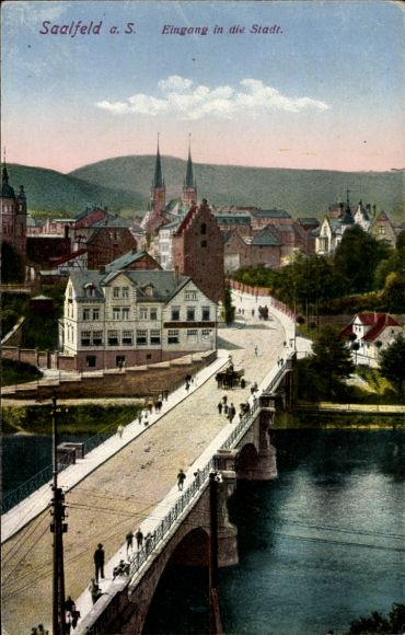 Postcard Saalfeld, view of the town entrance, bridge, church