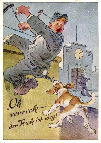 Artist Postcard Oh damn, the stain is gone, Bundeswehr soldier climbs over barracks fence, dog