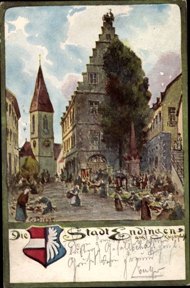 Artist Chromo-Litho Biese, C., Endingen am Kaiserstuhl, market square, coat of arms