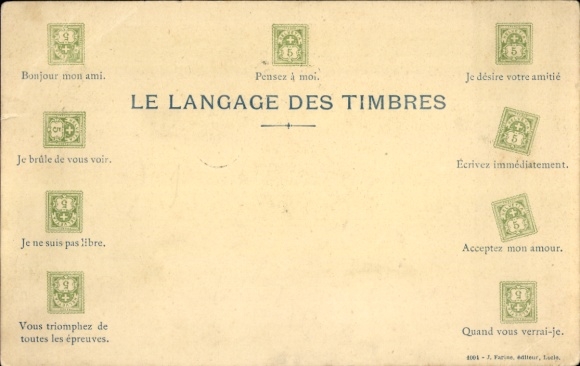 Ak Briefmarkensprache, Bonjour mon ami, Je brûle de vous voir