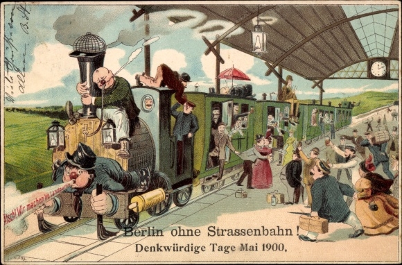 lito Berlin bez tramwaju, pamiętne dni maj 1900, kolej na dworcu, podróżnicy