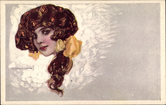 Kunstenaarskaart Corbella, T., portret van een vrouw, hoed, haarstrik