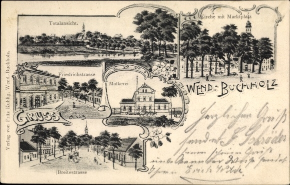 Chromo-Litho Märkisch Buchholz in Brandenburg, total view, church, market square, Friedrichstrasse, Breitestrasse