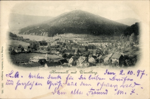Postcard Bad Herrenalb in the Black Forest, panorama with Wurstberg